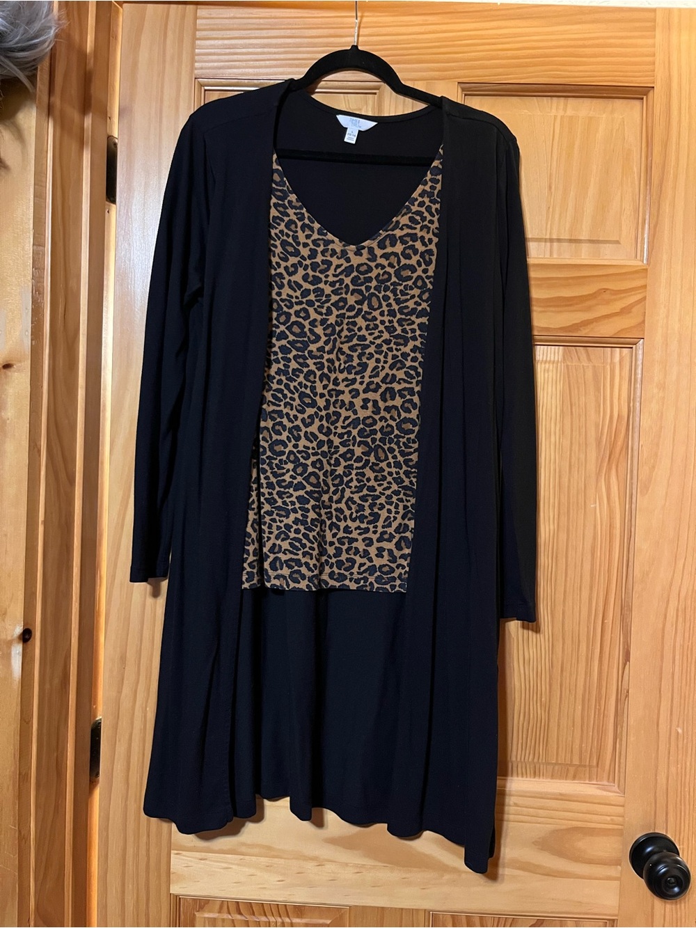 Black Dress with Leopard Print Panel - Women's V-Neck Layered Dress